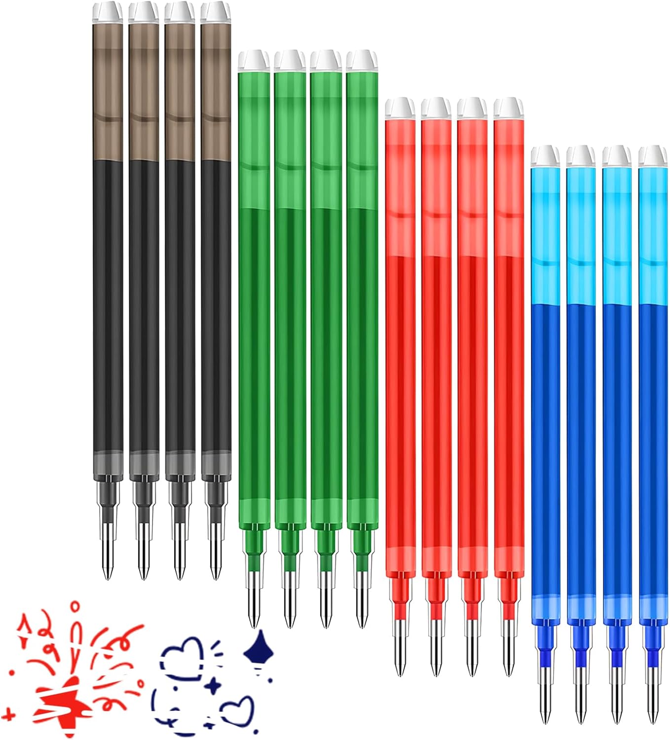 0.7 mm Erasable Gel Ink Pen Refills Compatible with Frixion Friction, Smooth Writing Multicolor Retractable Fine Point Pen Refill for School Office Home Art (4 Colors, 16)