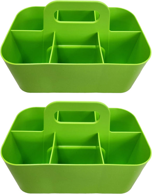 2 Pack Small 6 Compartment Multiuse Caddy Organizer with Handle Art Craft Supplies, Office, Desk, Stationery Pen Holder Stackable- Made In USA (Green)