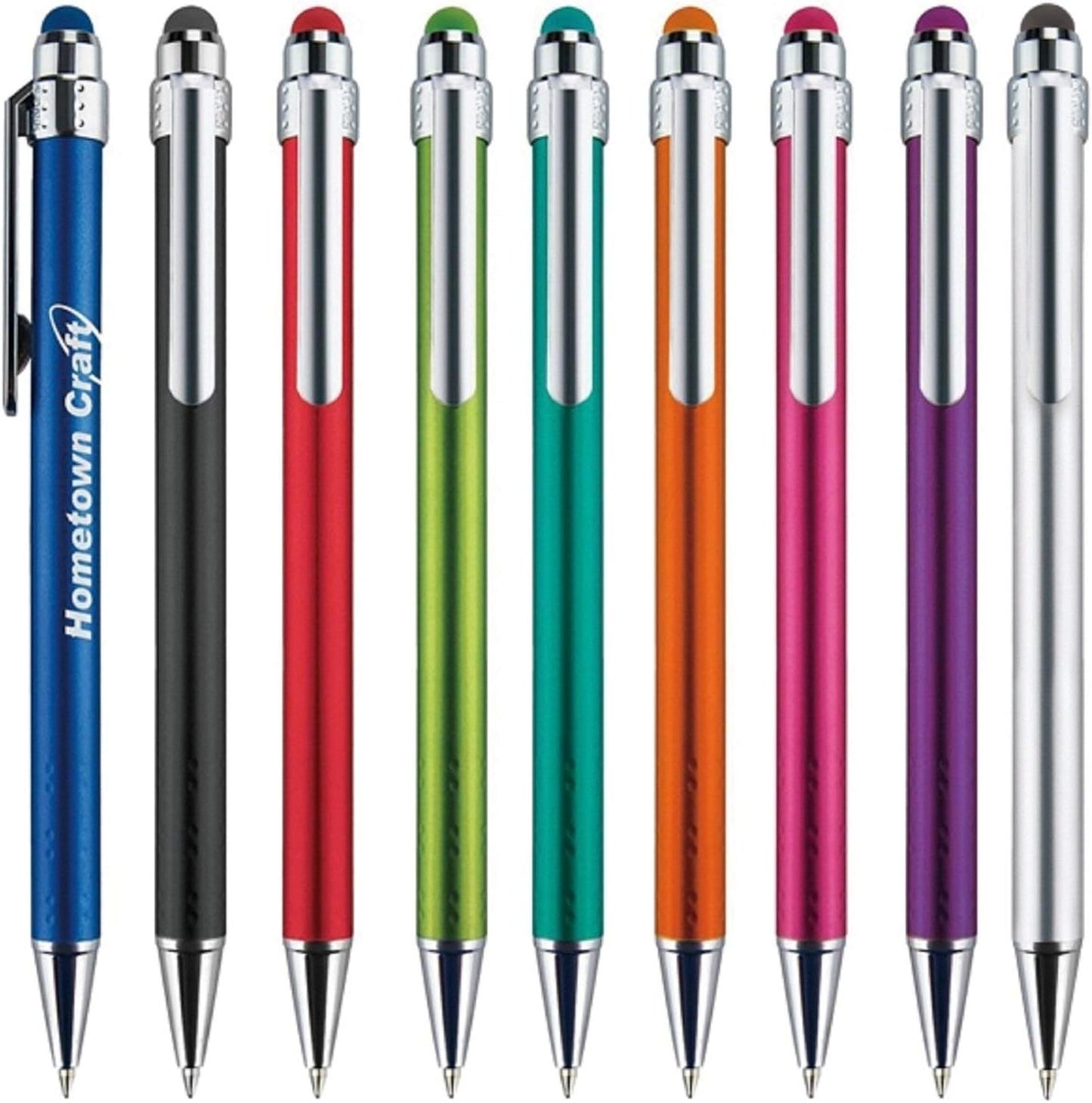 Personalized Pens with Stylus Tip -Bright Vibes- Click action - Custom - Black writing - Printed Name pens - Imprinted with Your Logo or Message - FREE PERSONALIZATION - 12 Pens/Box (Silver)