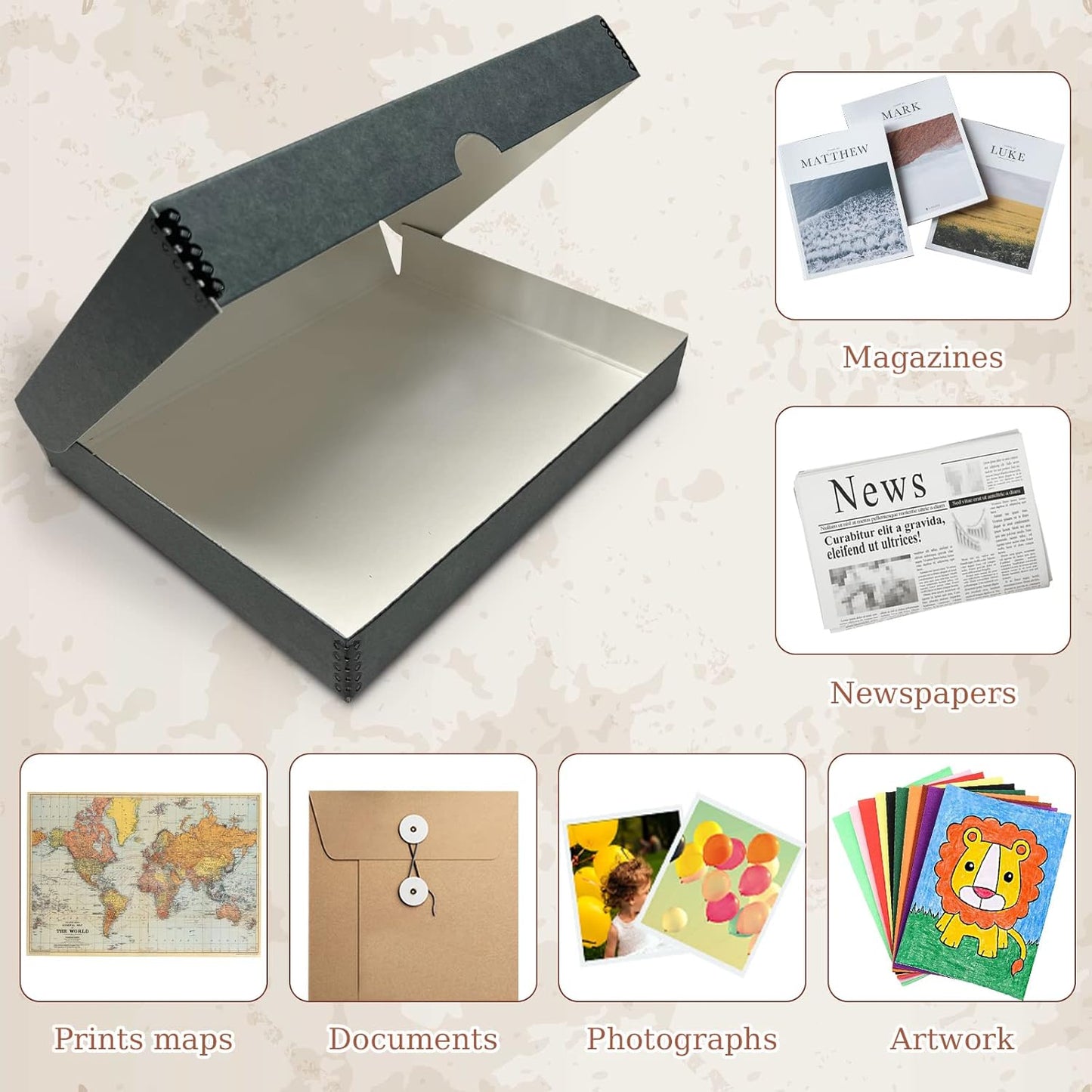 Golden State Art, Archival Folio Storage Box 9x12, Clamshell Design with Metal Edge, Preserve and Store Photos Documents Cards Prints Arts Crafts DIY, Gray, Pack of 2