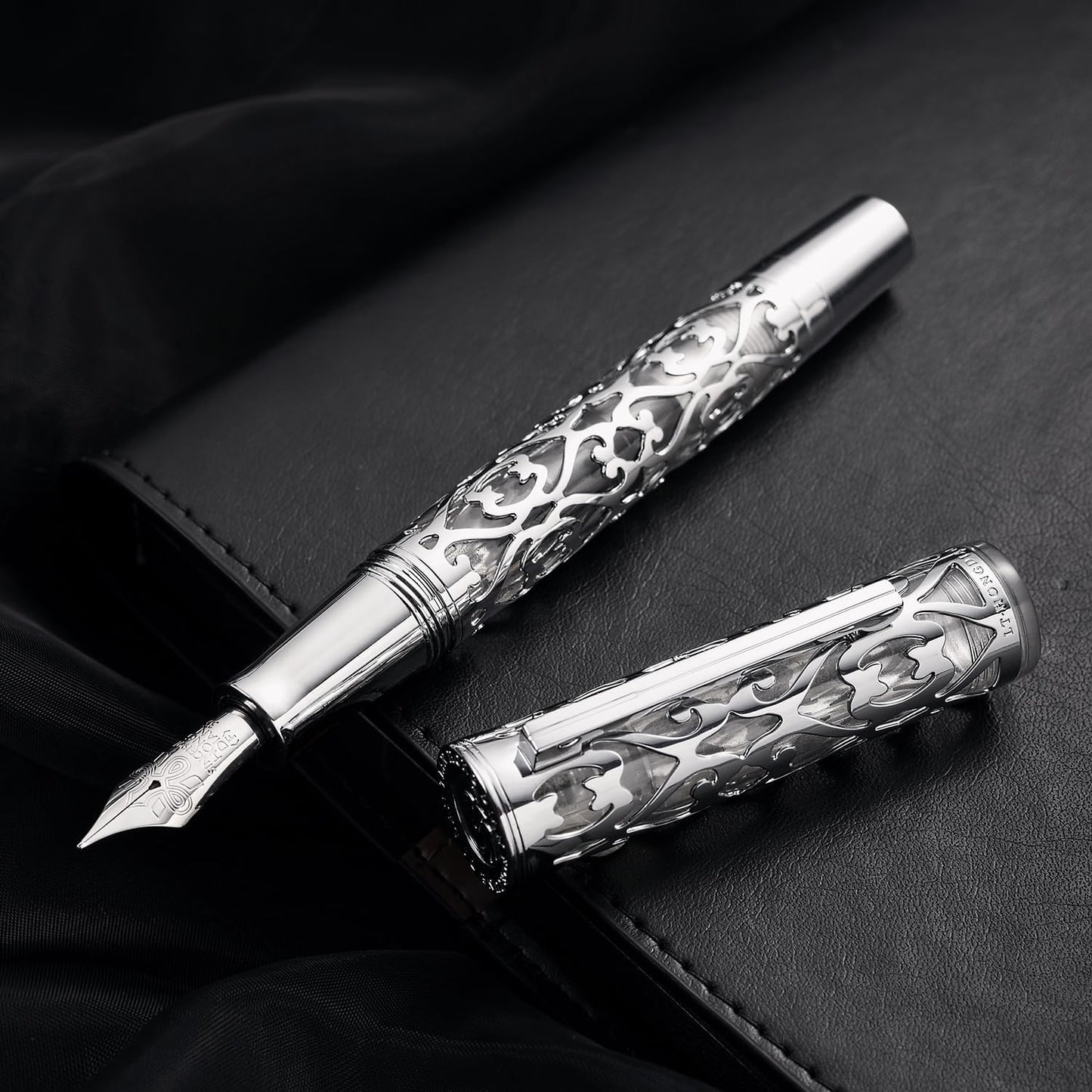 Hongdian D1 Piston Fountain Pen Extra Fine Nib, Hollow Skeleton & Resin Pen with Metal Case Set (Silver)