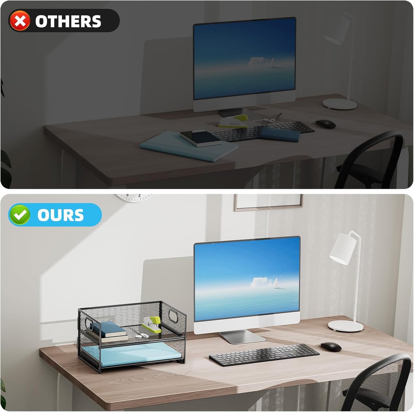 Marbrasse 2 Tier Paper Organizer Letter Tray, Mesh File Organizer with Handle, Paper Sorter Desk Organizer for Home Office Supplies - 2P