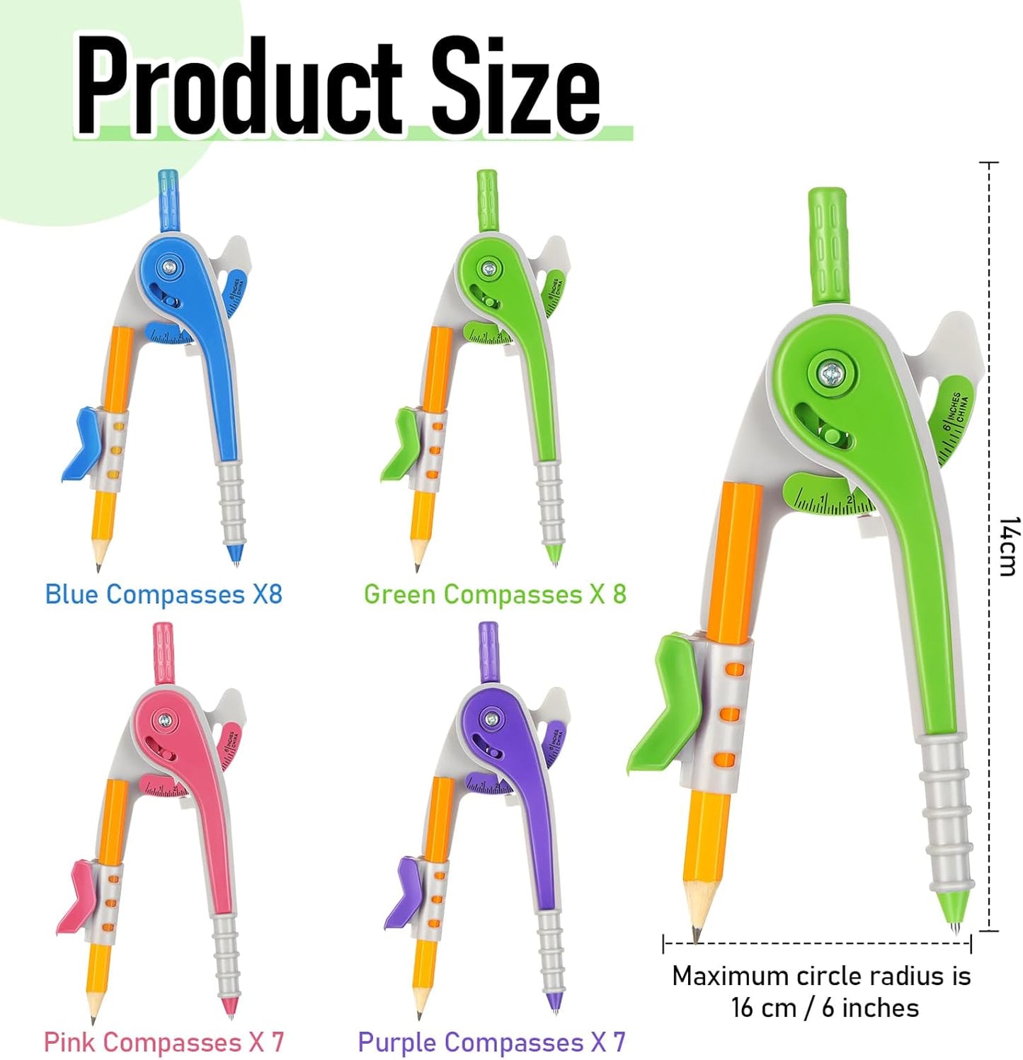 Zonon 30 Pcs Student Math Geometry Compass Tool Classroom Set Bulk 6 Inch Bright Colored Plastic Drawing Compass with Pencils Back to School Supplies for School Home Office