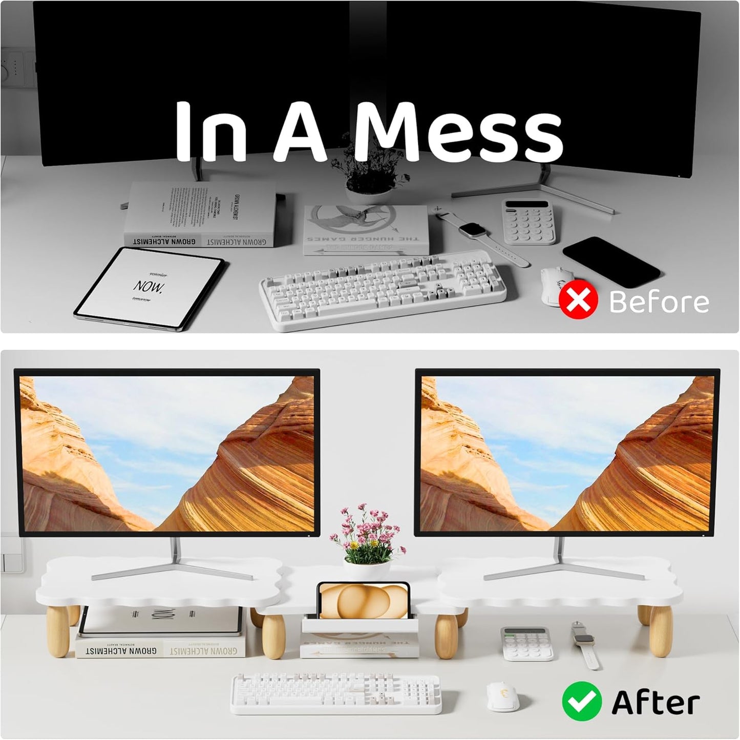 Dual Monitor Riser, Cookie-Shaped Adjustable Length & Swivel Angle, Wooden Desktop Organizer for 2 Monitors, Stand With Drawer for Laptop, PC, Computer, Printer, White