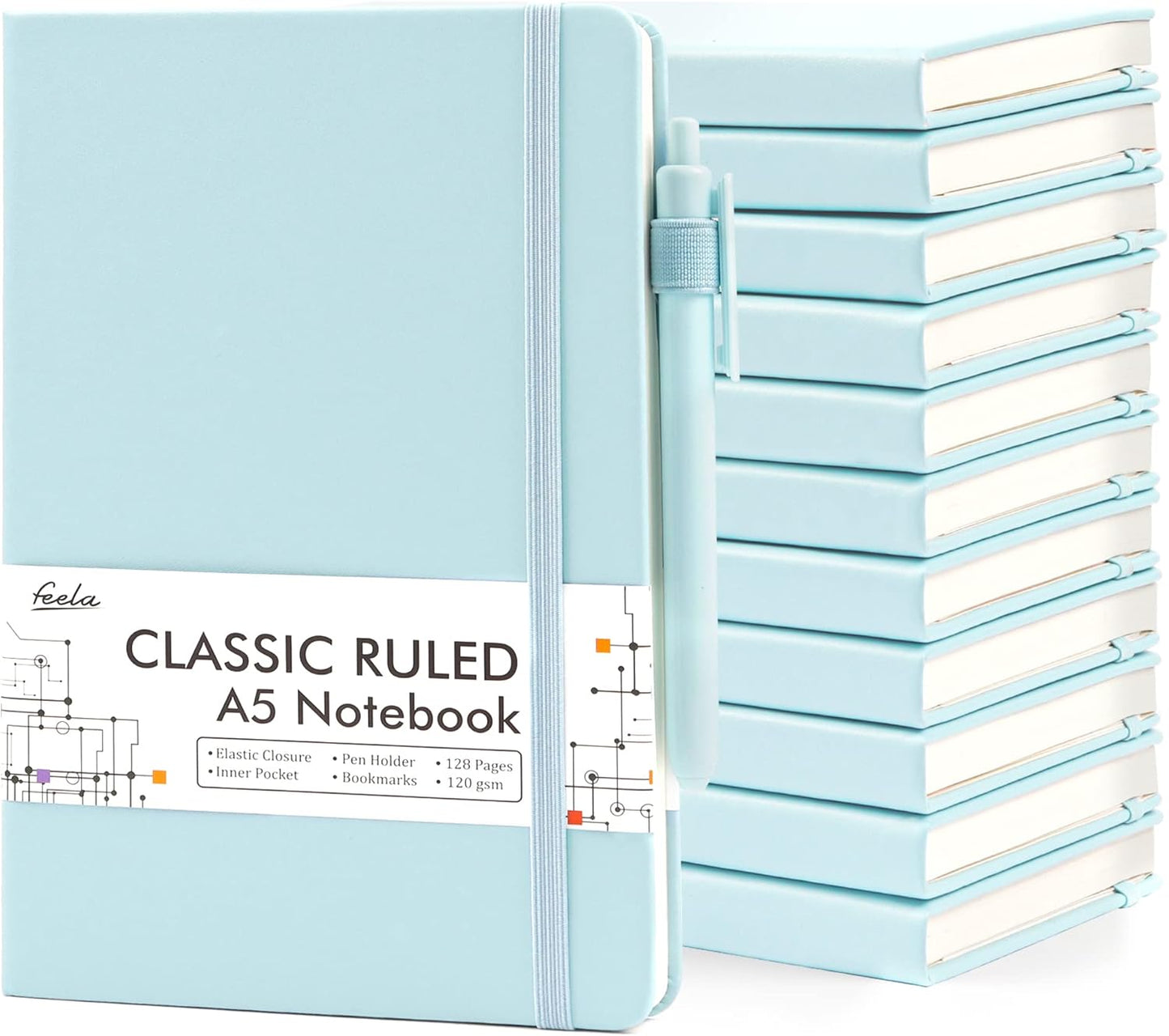 feela 12 Pack Notebooks Journals Bulk, Hardcover Notebook Classic Ruled Lined Journals with Pen Holder for Women Girls School Business Supplies, with 12 Black Pens, 120 GSM, 5.1”x8.3”, A5, Sky Blue
