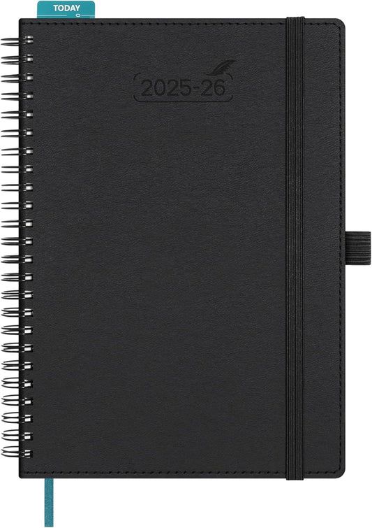 BEZEND Planner 2025-2026 Weekly and Monthly, 5.8" x 8.5" Academic Calendar (Jul 25-Dec 26) Vertical Daily Appointment with Hourly Timeslot & Monthly Tab, Spiral, PU Leather Softcover - Black