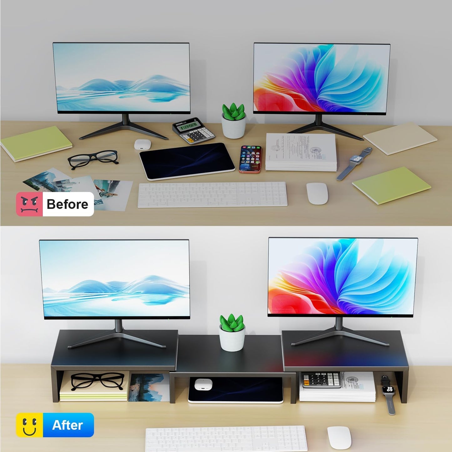 Dual Monitor Stand for Desk, Metal Computer Stand, Desk Shelf Riser,Desktop Organizer for Home and Office Use (Black)