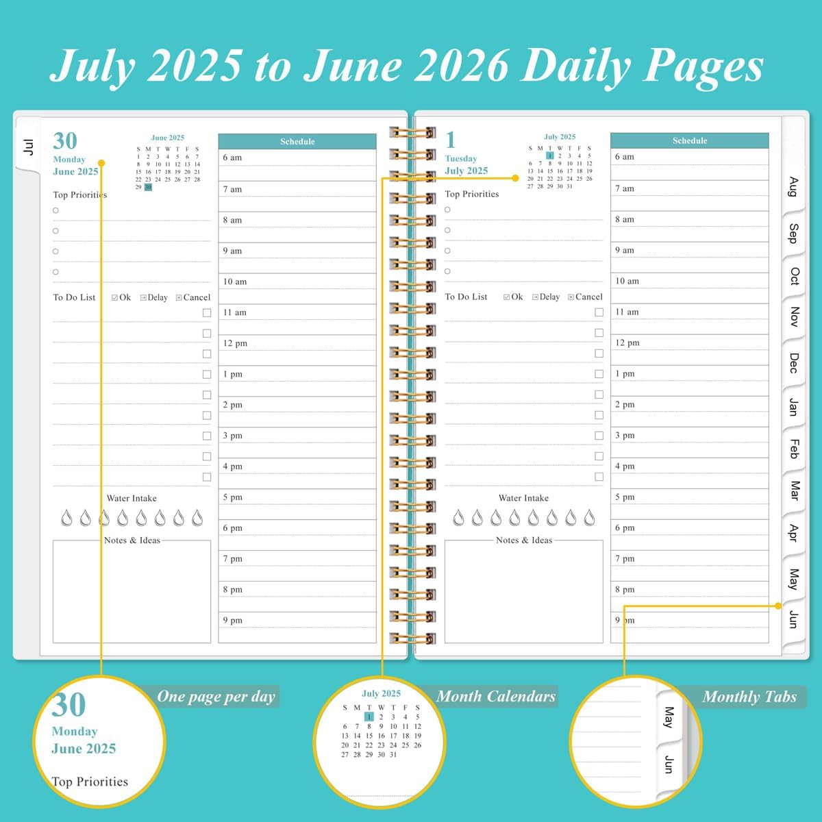 2025-2026 Daily & Monthly Planner - One Page Per Day, Daily Planner 2025-2026 from July 2025 to June 2026, Planner 25-26 with 12 Monthly Tabs, 6.4" x 8.5", Teal Flowers