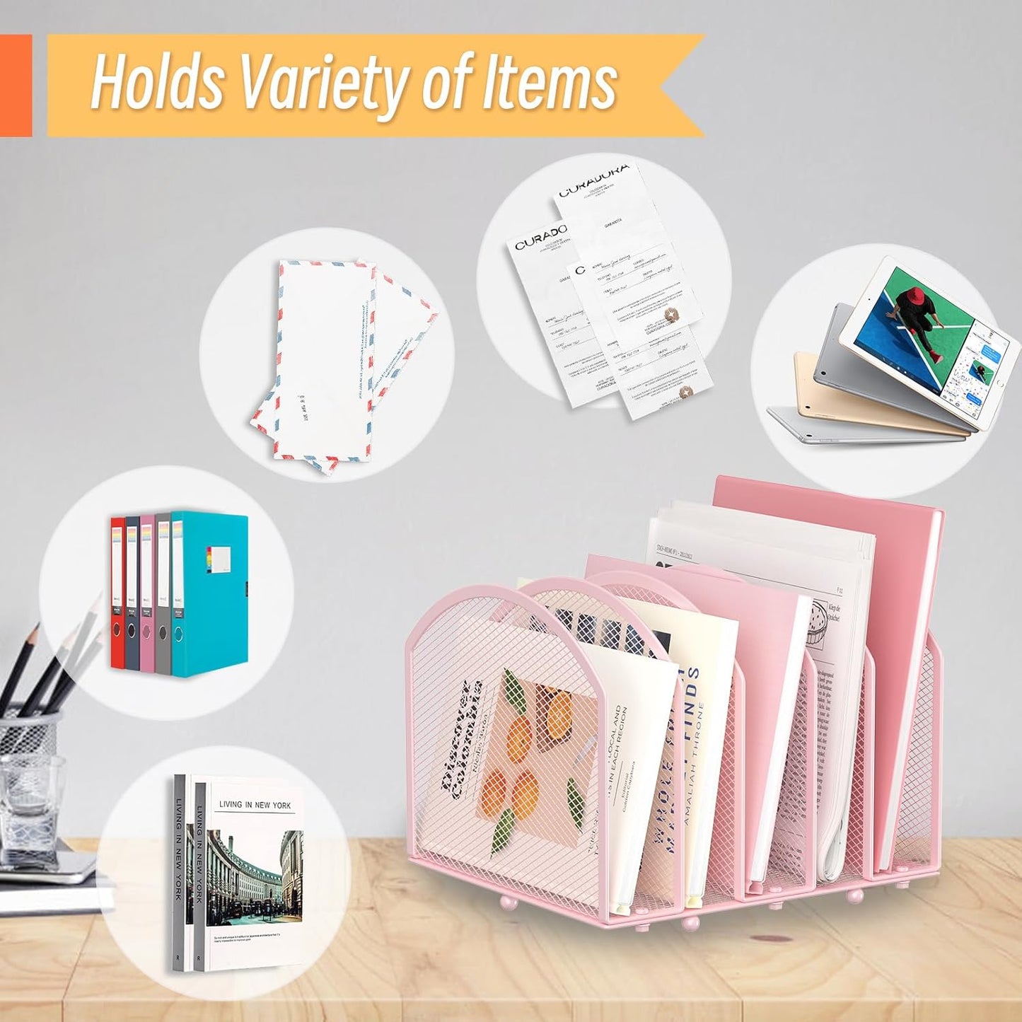 Desk File Organizer 5 Sections Desktop Organizer File Sorter Office Organization File Folder Holder for Office School & Classroom (Pink, 5 Section - 1Pack)