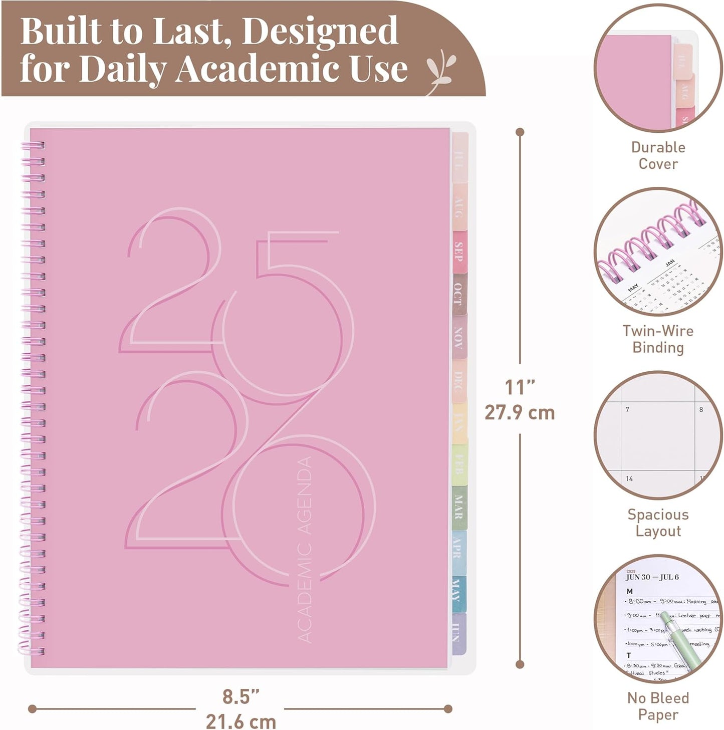 Rileys Academic Planner 2025-2026, Daily, Weekly & Monthly Planner, July 2025 - June 2026, Student Notes Pages, Twin-Wire Binding, Weekly Agenda for School & Work (8.5 x 11-Inches, Pink, Deco)