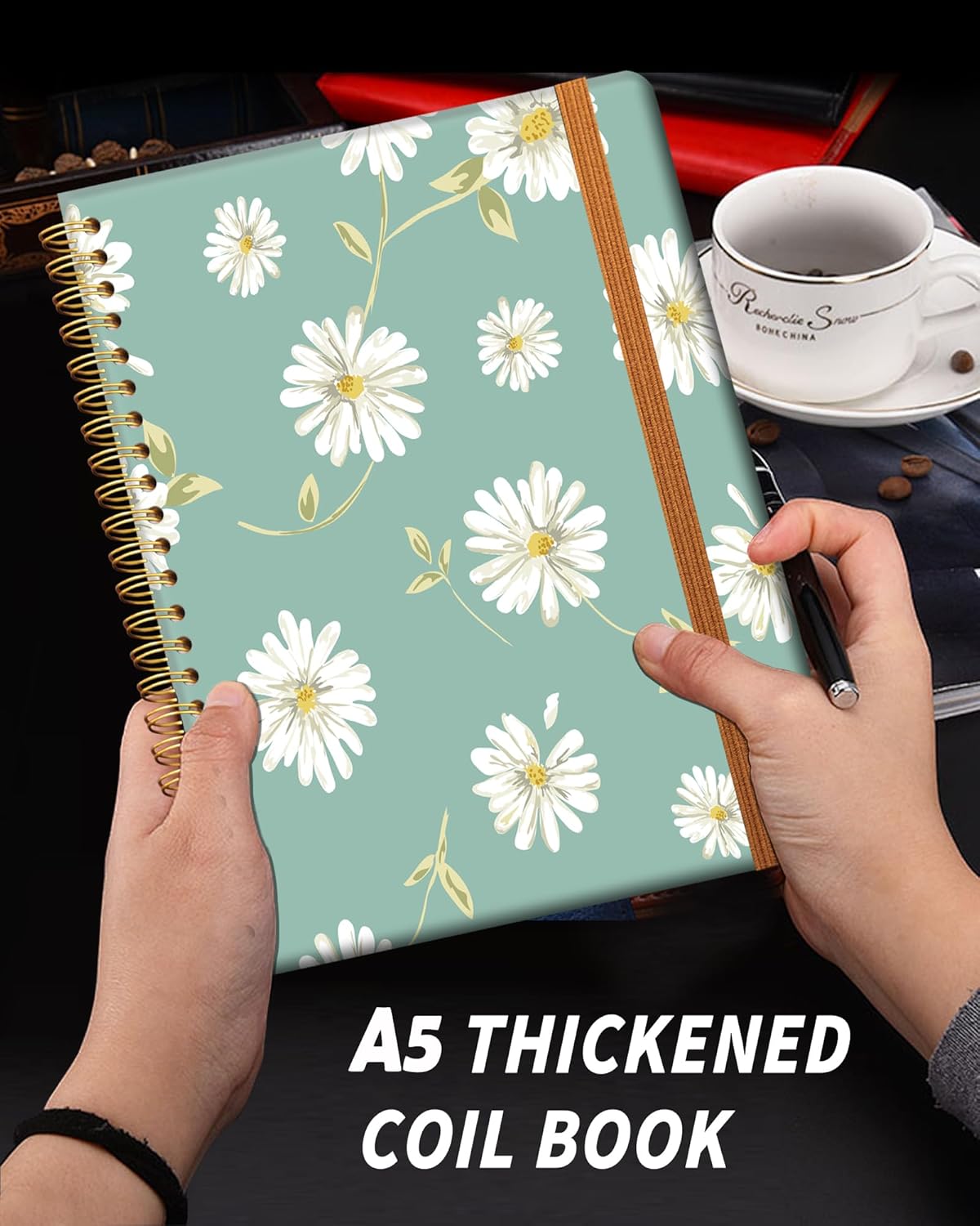 Ruled Spiral Writing Notebook,A5 Hardcover Lined College Journal for Women Lady,Fashion Puppy Watercolor Strong Twin-Wire Binding with Premium Paper,8.4" X 6",Perfect for School,Office,Home Gifts(Beautiful Daisy)