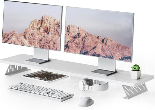 Fenge Dual Monitor Stand Riser, 42.5 Inch Desk Top Shelf for 2 Monitors, Computer Stands for Desk, Wood & Steel Desktop Riser for Laptop, PC, Printer