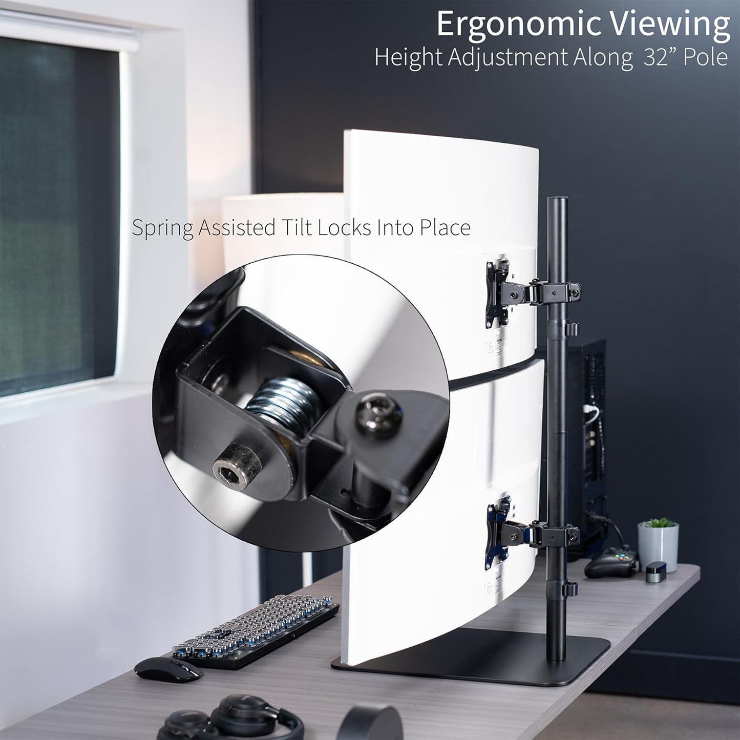 VIVO Freestanding Dual Vertically Stacked Ultra-Wide Monitor Desk Stand, Extra Tall Heavy Duty Adjustable Mount for 2 Ultrawide Screens up to 45 inches, 25 lbs Per Screen Capacity, Black, STAND-V200L