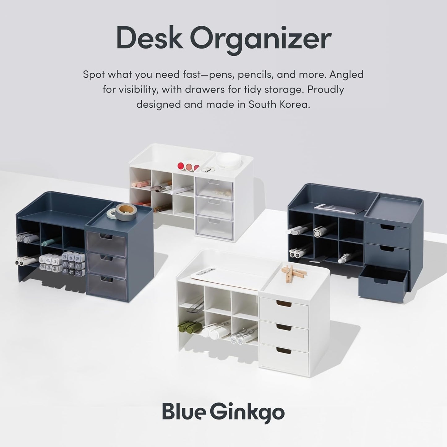 BLUE GINKGO Hive Stack Desk Organizer – Stackable Pen Holder, Stationary Organizer with Drawers - Office Storage, School Supplies, Makeup (Made in Korea, White Transperent)