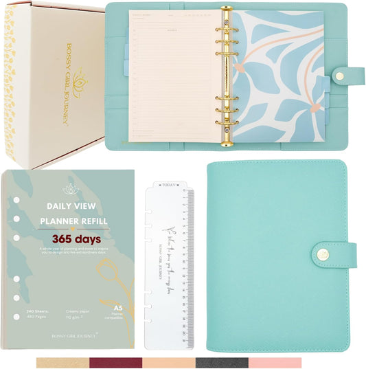 Bossy Girl Journey - A5 Daily Planner Binder – Undated Time Blocking Refillable Organizer for Women with 110gsm Paper, PU Leather Cover, Stickers, Dividers, Pen Loop, Gift Box – Goal Setting & Productivity (Pistachio)