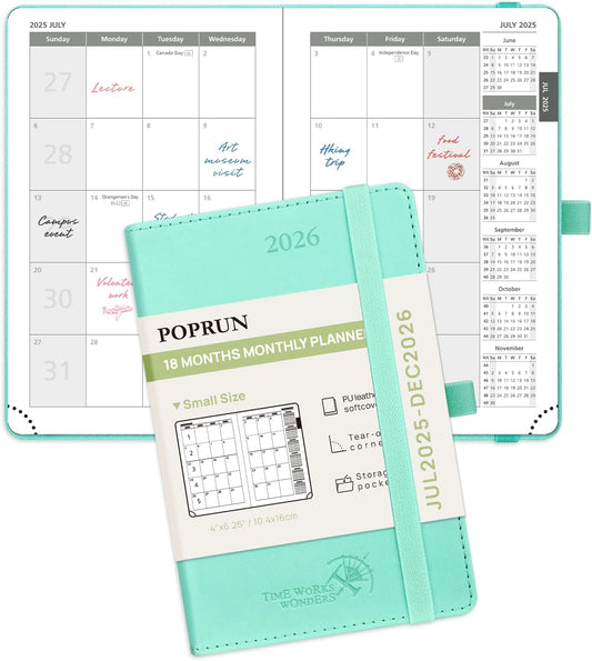 POPRUN Pocket Monthly Planner 2025-2026 (Pocket- 4''x 6.25''Soft Leather Cover) - 18 Month Calendar Book for Purse (Jul.2025-Dec.2026), 100 GSM Thick Paper - Green