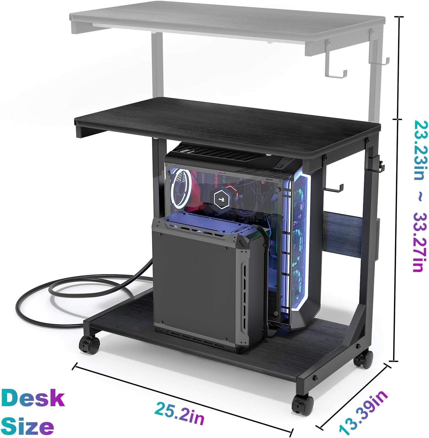 Height Adjustable Computer Tower Stand with Charge Station and USB Charging Port, 2-Tier ATX-Case Cart, Under Desk Mobile PC Stand, CPU Holder Cart with Locking Caster Wheels for Fits Most PC