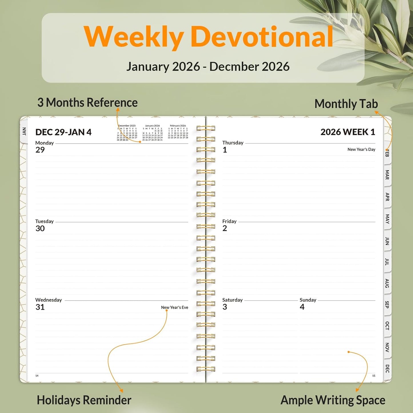 SUNEE Planner 2026 Weekly and Monthly, January 2026-December 2026, 6.4"x8.3", Tabs, Note Pages,Spiral Binding, Eucalyptus