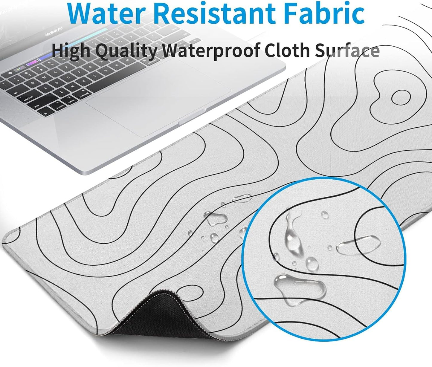 White Large Gaming Mouse Pad Desk Pad Topographic Map Big Keyboard Mat 31.5x11.8inch Computer Mousepad with Stitched Edge Non-Slip Rubber Base