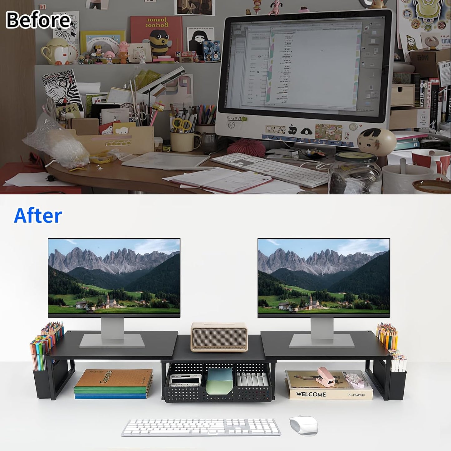 Desk Dual Monitor Stand Riser - Desk Organizer with Drawer and Pen Holders, Office Desk Accessories & Workspace Organization, Computer Monitor Stand for Laptop, Printer, TV(Black Wood)