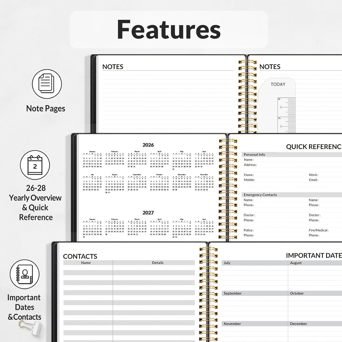 SUNEE 2026 Weekly and Monthly Planner - from January 2026 - December 2026, 8.5"x11" Daily Agenda Planner with Monthly Tab, Flexible Cover, Note Pages, Pockets, Bookmark, Spiral Binding, Black
