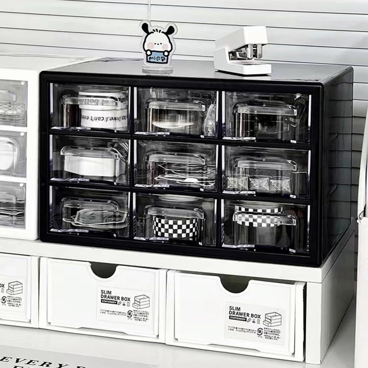 Feadily 1PCS Large Drawer Organizer for Desk, Desktop Drawer Organizer with 9 Clear Drawers, Plastic Desktop Storage Drawers 10.04 Inch x 6.30 Inch x 6.10 Inch, Black