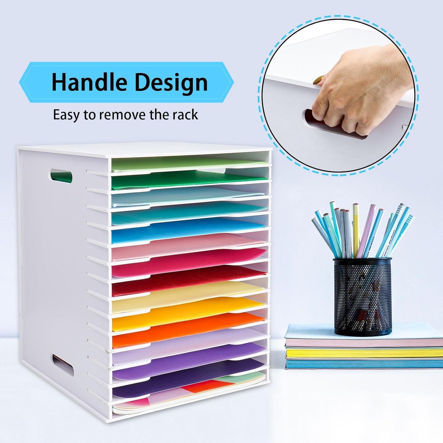SANFURNEY Scrapbook Paper Organizer for Sizes 12" x 12", 15 Slots File Sorter Storage, Document Holder, Desktop Scrapbook Paper Organizer Rack for Home Office School (White, 15 Slots - Large Size)