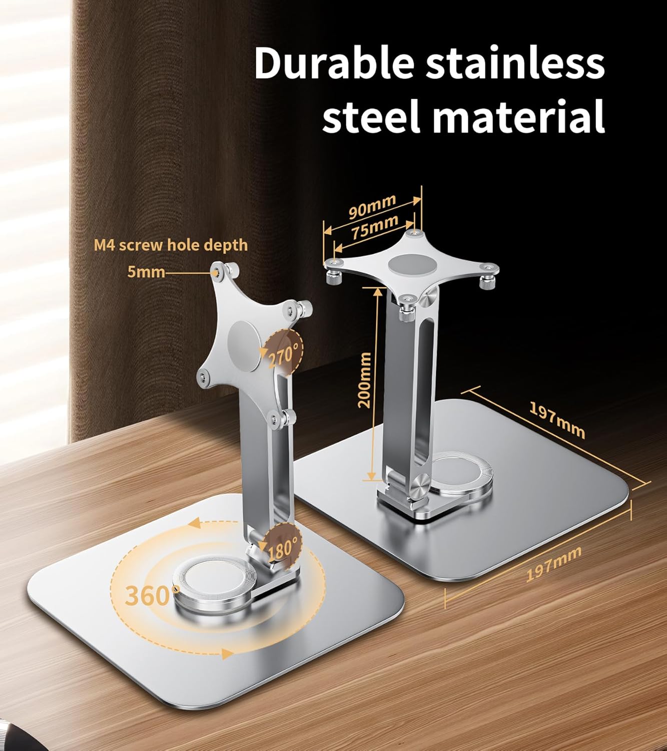 13-17.3" Monitor Stand with 360° Swivel Base, 75mm VESA Single-Arm Mount w/ M4 Screws for Portable Monitor, Adjustable Angle & Tilt & Rotation - Touchscreen Desktop Display Stand (Silver)