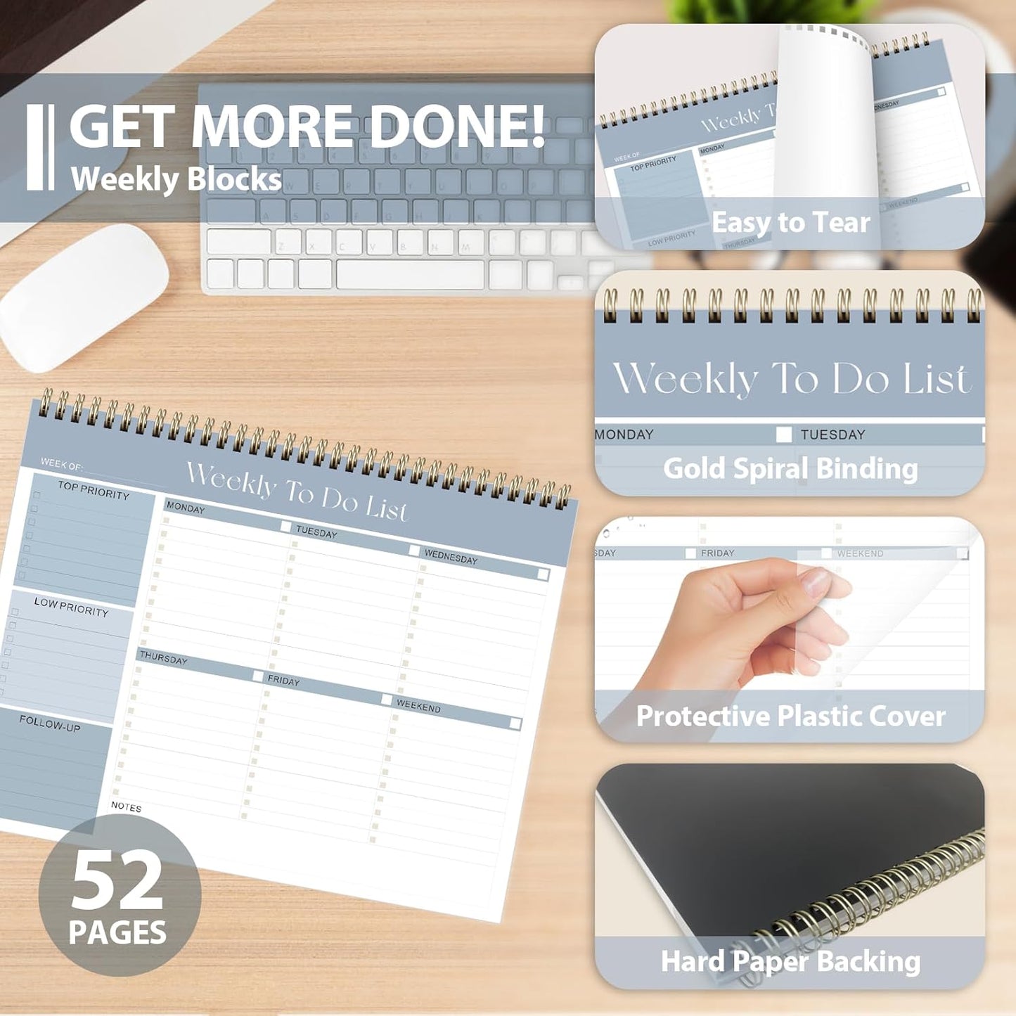 Weekly To Do List Notepad, Undated Planner with 52 Sheets (8.5''x11''), Desk Weekly Planner for Women & Man, Home School & Work