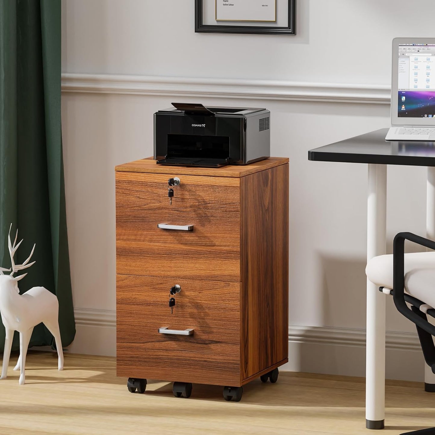 VINGLI 2-Drawer Rolling File Cabinet with Lock, Wood Mobile File Organization for Hanging Letter Size Filings Under Desk Filing Cabinets for Home Office, Assembly Required, Classic Walnut, 26.5" H