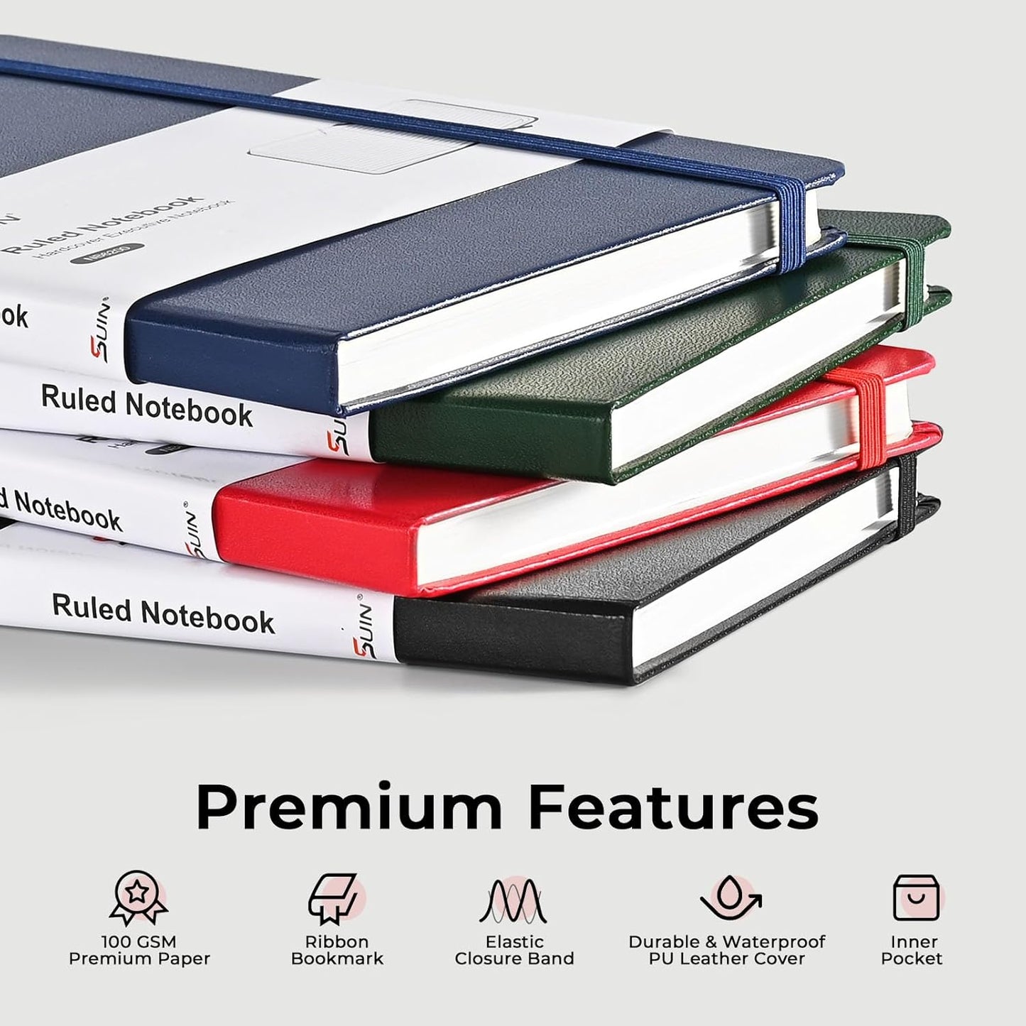 SUIN A5 Hardcover Notebook, 5.5" x 8.3", 100gsm, 160 Pages, Journal for Writing, Notebooks for work - No-Bleed Paper, Inner Pocket, Elastic Closure & Ribbon Bookmark, (Black/Blue/Red-3Pack)