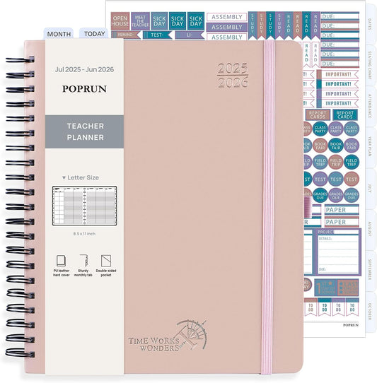 POPRUN Teacher Planner 2025-2026, (Letter Size - 8.5'' x 11'') Academic Lesson Planner (July 2025 - June 2026), with Monthly Tabs, Thick Papers, 2-Sided Pocket, Leather for Teachers, Rose Gold