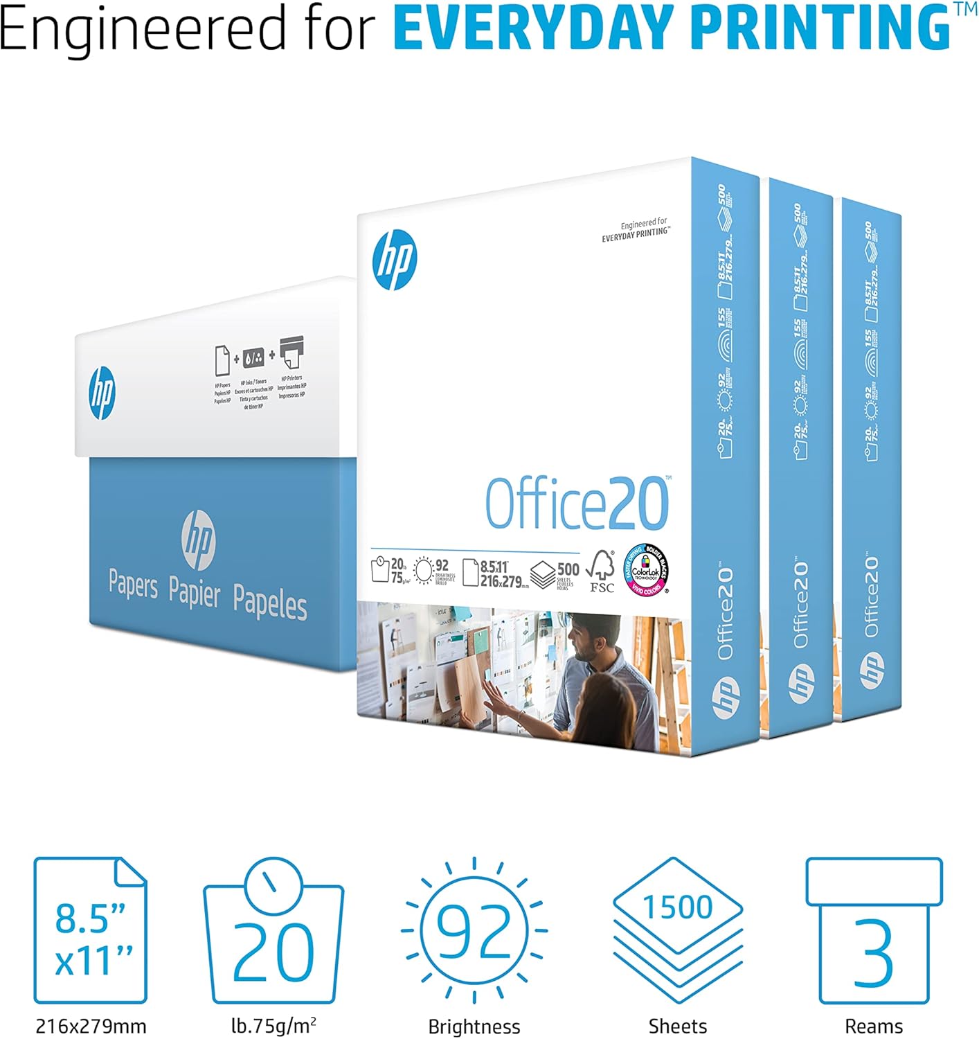 HP Printer Paper | 8.5 x 11 Paper | Office 20 lb | 3 Ream Case - 1500 Sheets | 92 Bright | Made in USA - FSC Certified | 112090C, White