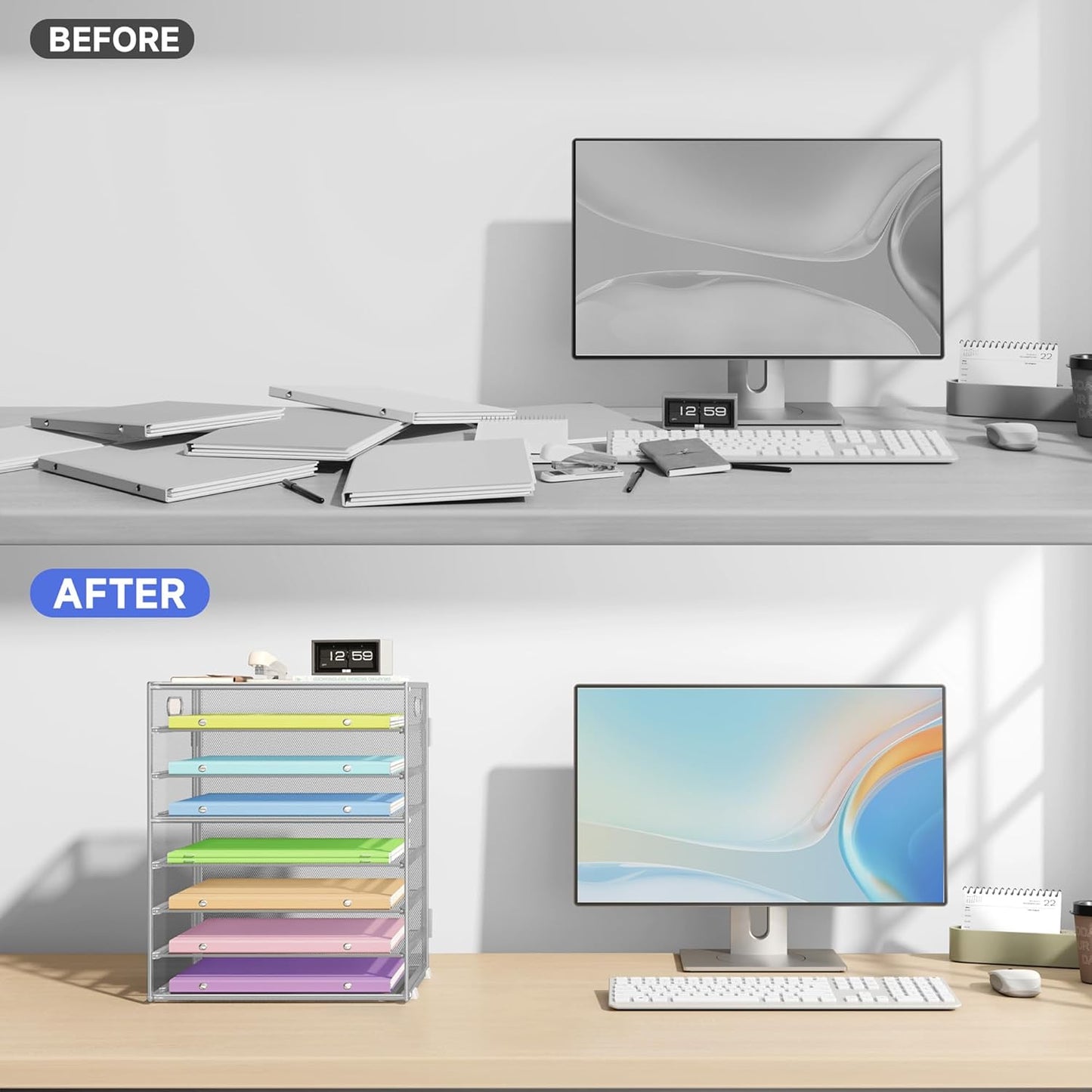 Paper Organizer with Handle 8 Tier Metal Mesh Desk File Organizer Large Capacity Desk Organizers Paper Letter Tray Desktop Document Sorter for Office, Home or School 2 Pack Silver