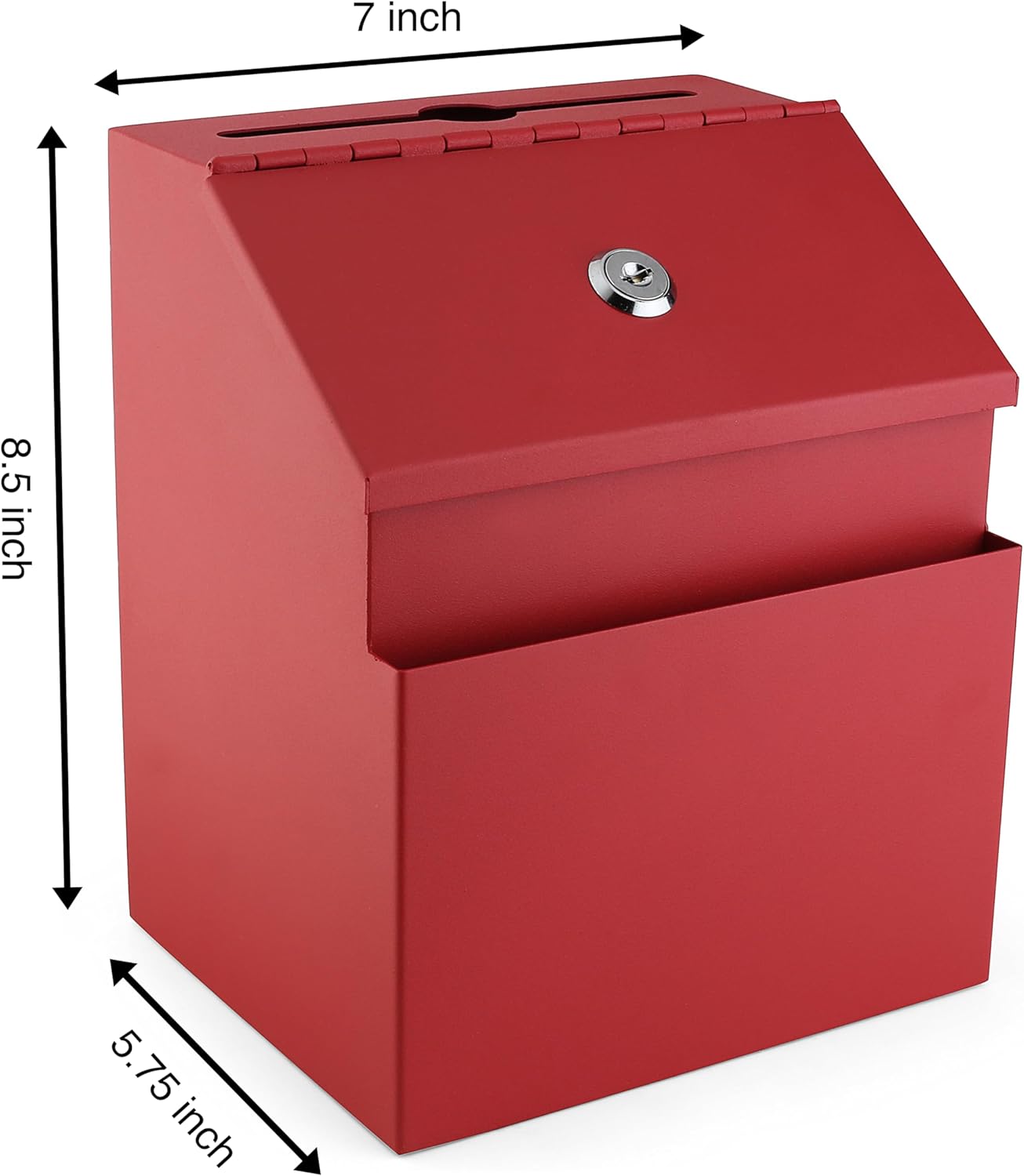 Suggestion Box with Lock and keys, Metal Wall Mounted Ballot Box, Iron steel Donation and Collection Drop Box 8.5" H x 6" W x 7" L with wide 5.5" Slot and front sheet holder (Red)