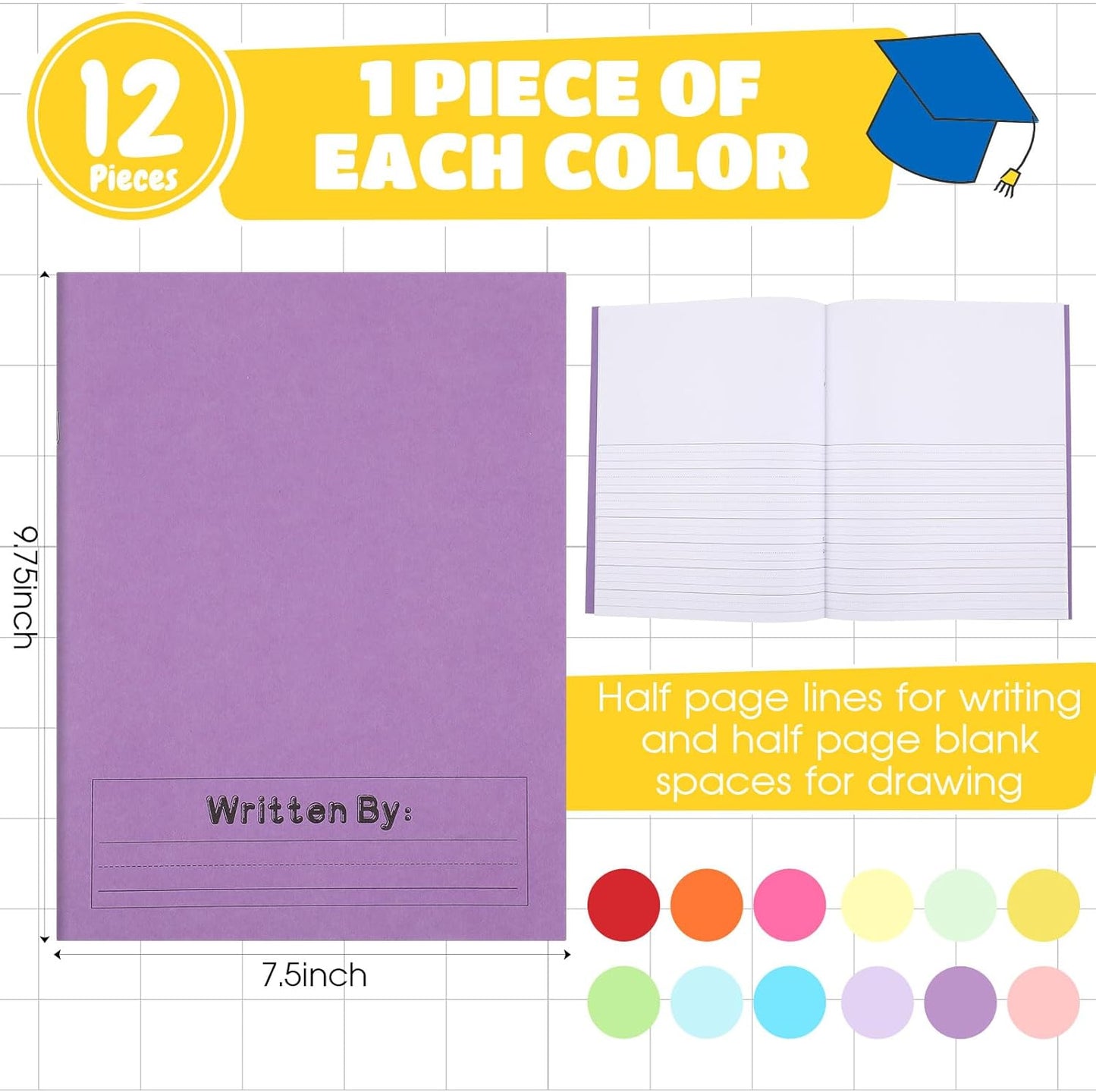 Henoyso 12 Pcs Primary Composition Notebook K-2 9 3/4 x 7 1/2 Inch Primary Journal, Back to School Supplies, Bulk Blank Writing Book for Kid to Write Draw Journal 60 Page Notebooks (Multicolored)
