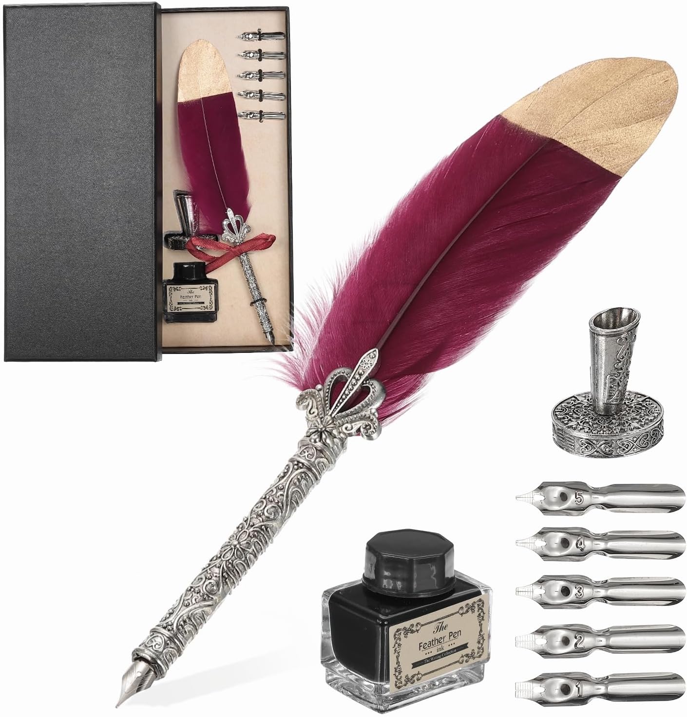 PATIKIL Feather Quill Pen Set, 1 Set Vintage Feather Calligraphy Pen Fountain Dip Pen Set with Ink, Pen Holder and Replacement Nibs for Beginner Writer Writing Gift, Dark Red