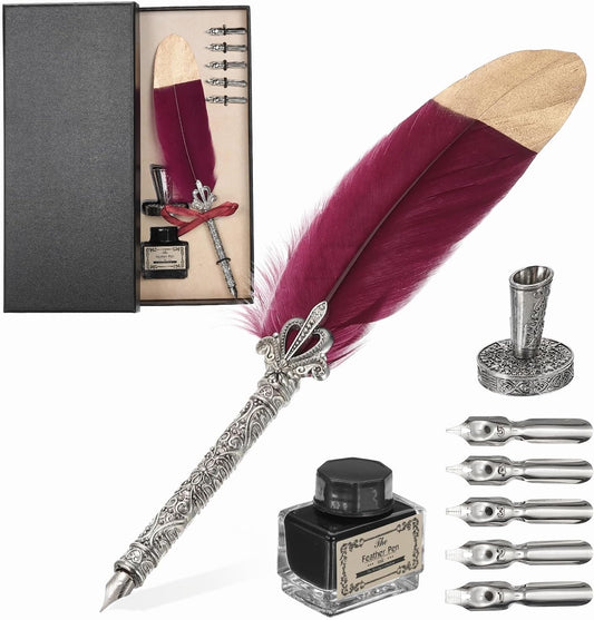 PATIKIL Feather Quill Pen Set, 1 Set Vintage Feather Calligraphy Pen Fountain Dip Pen Set with Ink, Pen Holder and Replacement Nibs for Beginner Writer Writing Gift, Dark Red