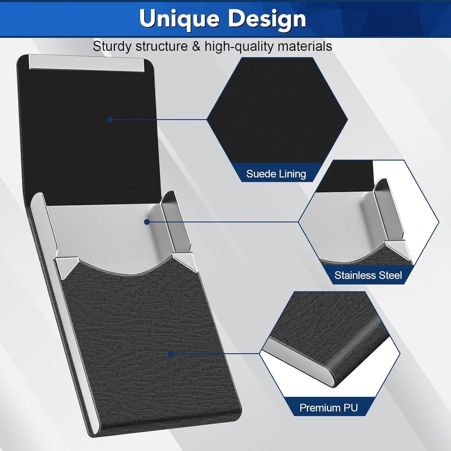 Business Card Holder with Ultra Slim Design, Business Card Case with Premium PU Leather, Suit Pocket Metal Card Holder for Women/Men, Magnetic Closure Quick Access Cards