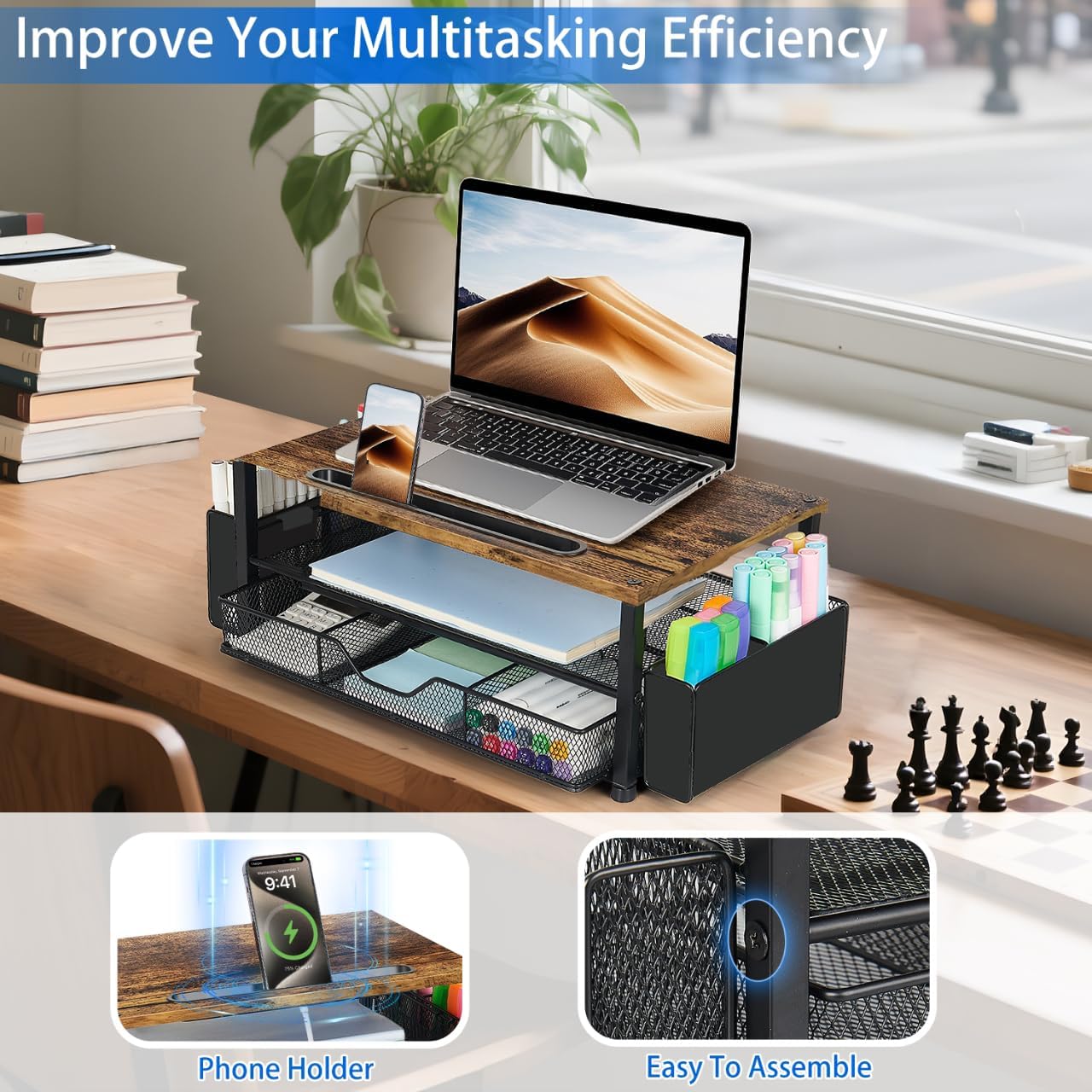 Wood Desk Organizers and Accessories, 2-Tier Computer Monitor Stand Riser with Drawer, Pen Storage & Phone Holder, Office Desk Accessories, Workspace Desktop Organization for Office Supplies（Brown）