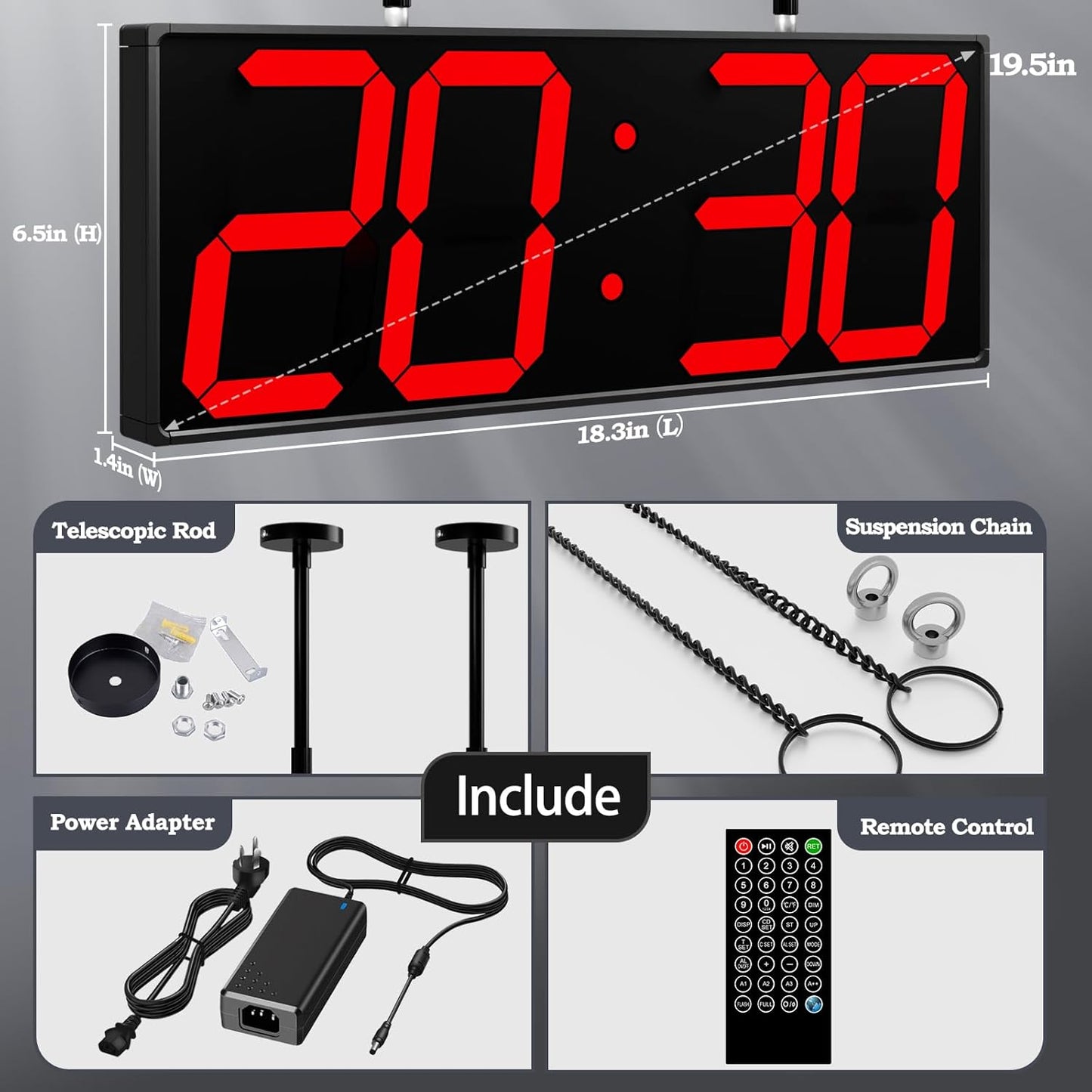 19.5'' Large Digital Wall Clock with Double Sided Display,Multi-Functional LED Hanging Digital Clock with Adjustable Brightness,Suitable for Offices, Warehouses, Corridors (Red)