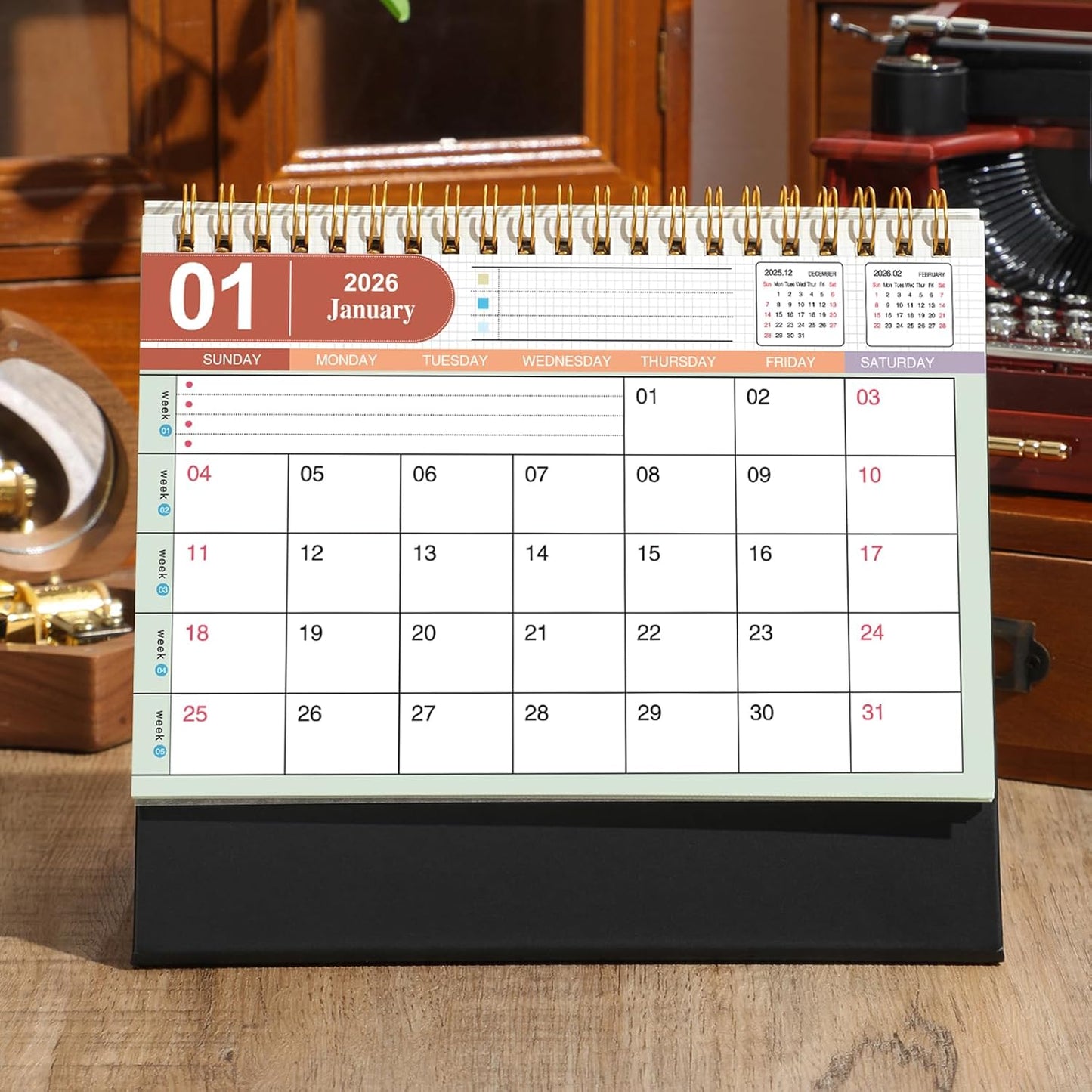 Small Desk Calendar 2025-2026, Standing Flip Desktop Calendar from July 2025 to Dec 2026 - Metal Ring Twin-Wire Binding Monthly Desktop Calendar for Home Office School (Black)
