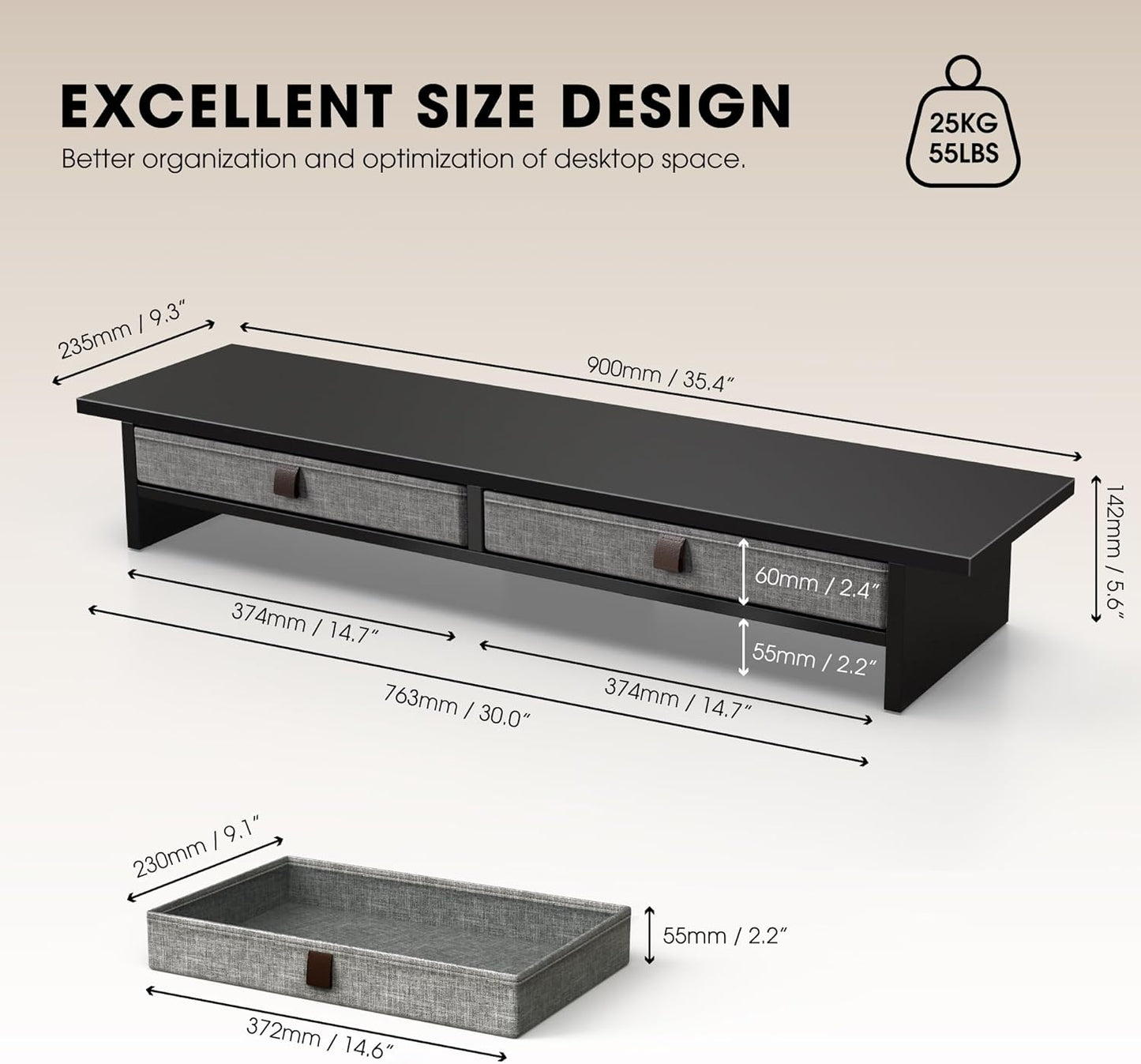 Fenge Monitor Stand with Drawer, 2 Tiers Dual Monitor Riser for Desk, 35 Inch Computer Stand for 2 Monitors, Desk Shelf for Home, Office, Laptop, PC, TV, Printer