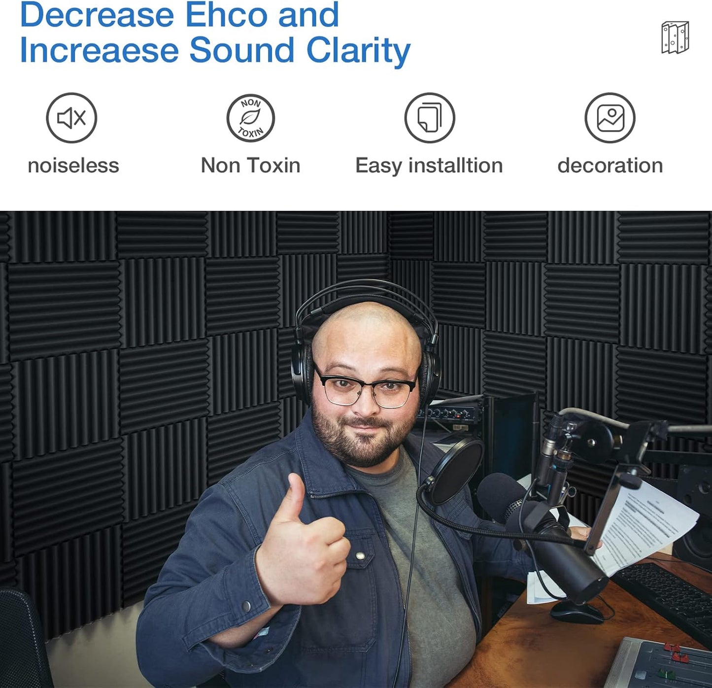 3" X 12" X 12" Sound Proof Foam Panels for Walls,Self-Adhesive Foam Acoustic Panels Sound Absorbing,2.2 lb/ft³ Density Soundproof Wall Panels for Gaming Studio Decor (8 Pack Black)