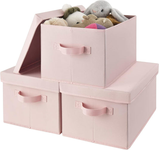 GRANNY SAYS Closet Storage Bins, Fabric Boxes with Lids, Shelf Baskets for Closet Organization, Stackable Storage Containers, Pink, 3-Pack
