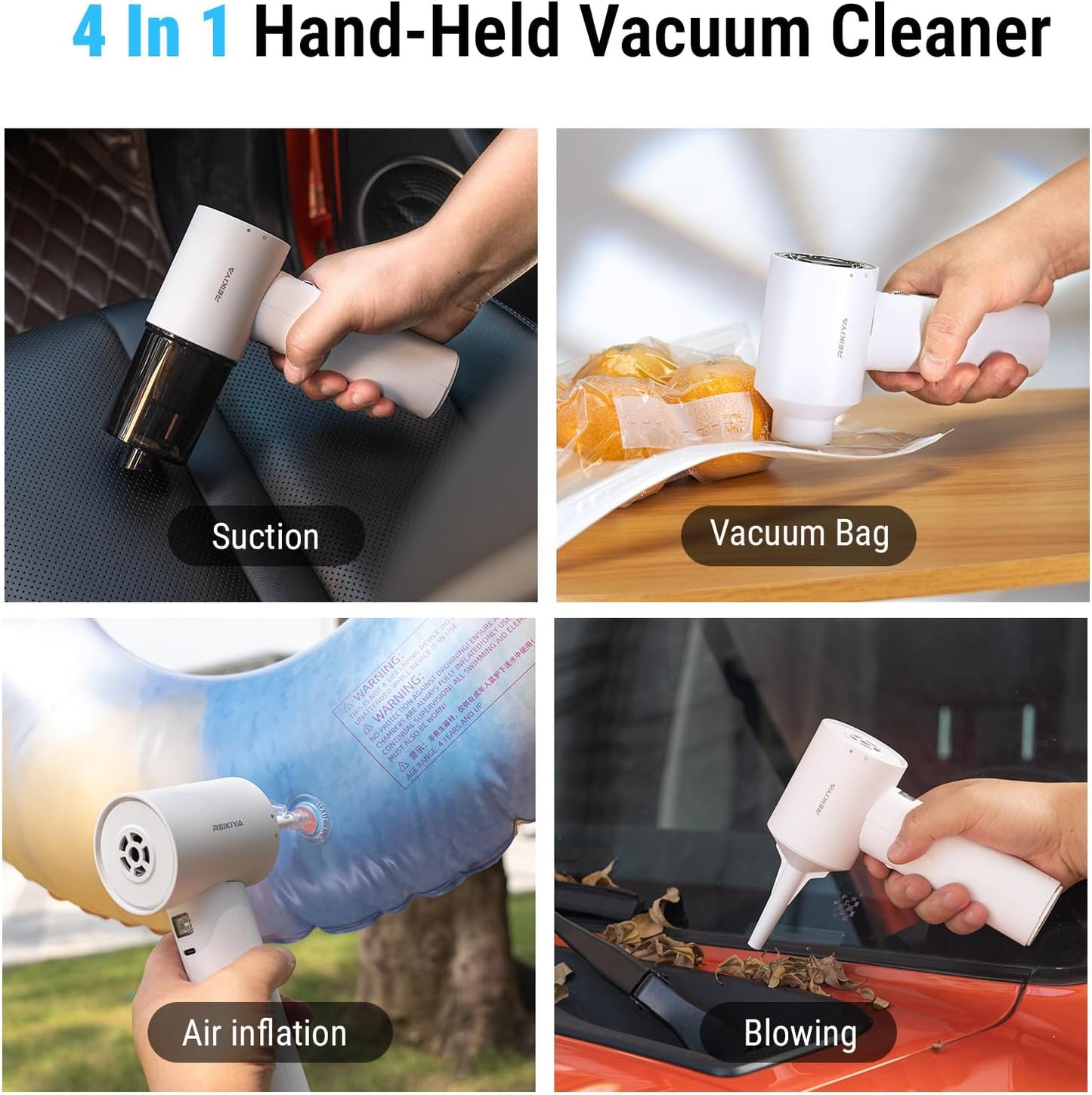 REIKIYA 14KPA High Power Mini Car Vacuum Computer Keyboard Cleaner and Blower Cordless Portable Handheld Vacuum & Compressed Air Duster 2in1 with Green LED Light& Multi-Nozzles for Car Home Office