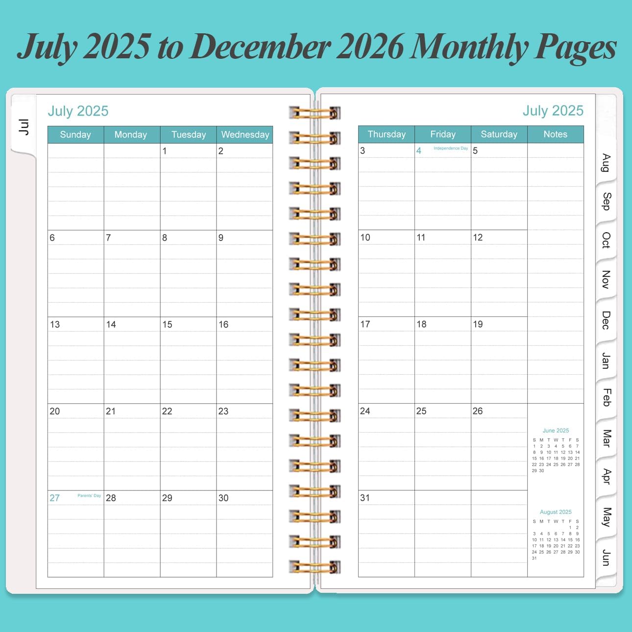 2025-2026 Monthly Planner - July 2025 - December 2026, Two Pages Per Month, 18 Monthly Calendar/Planner with Tabs, Strong Twin-Wire Binding, Inner Pocket, 3.75" x 6.5", Teal Flower