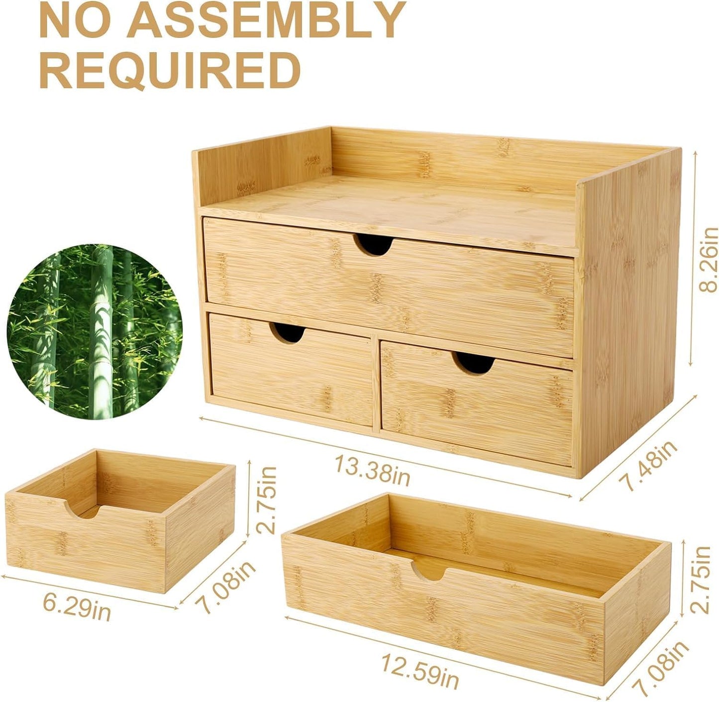 Bamboo Desk Organizer 3 Drawer with Shelf, Countertop Organizer with Drawers Makeup Storage Drawer 3 Drawers Tabletop Storage Organization Box Home Office Workspace