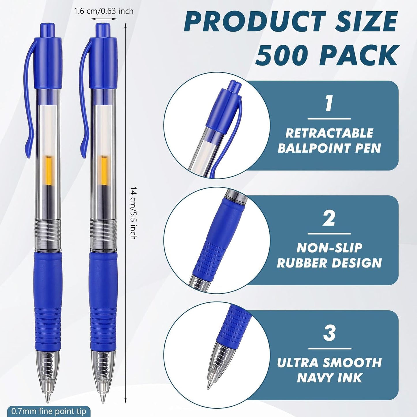 Jetec 500 Pcs Premium Gel Roller Pens Bulk, Fine Point 0.7 mm, Retractable Gel Ink Roller Ball Pens for Writing Journaling Taking Notes Office (Blue)