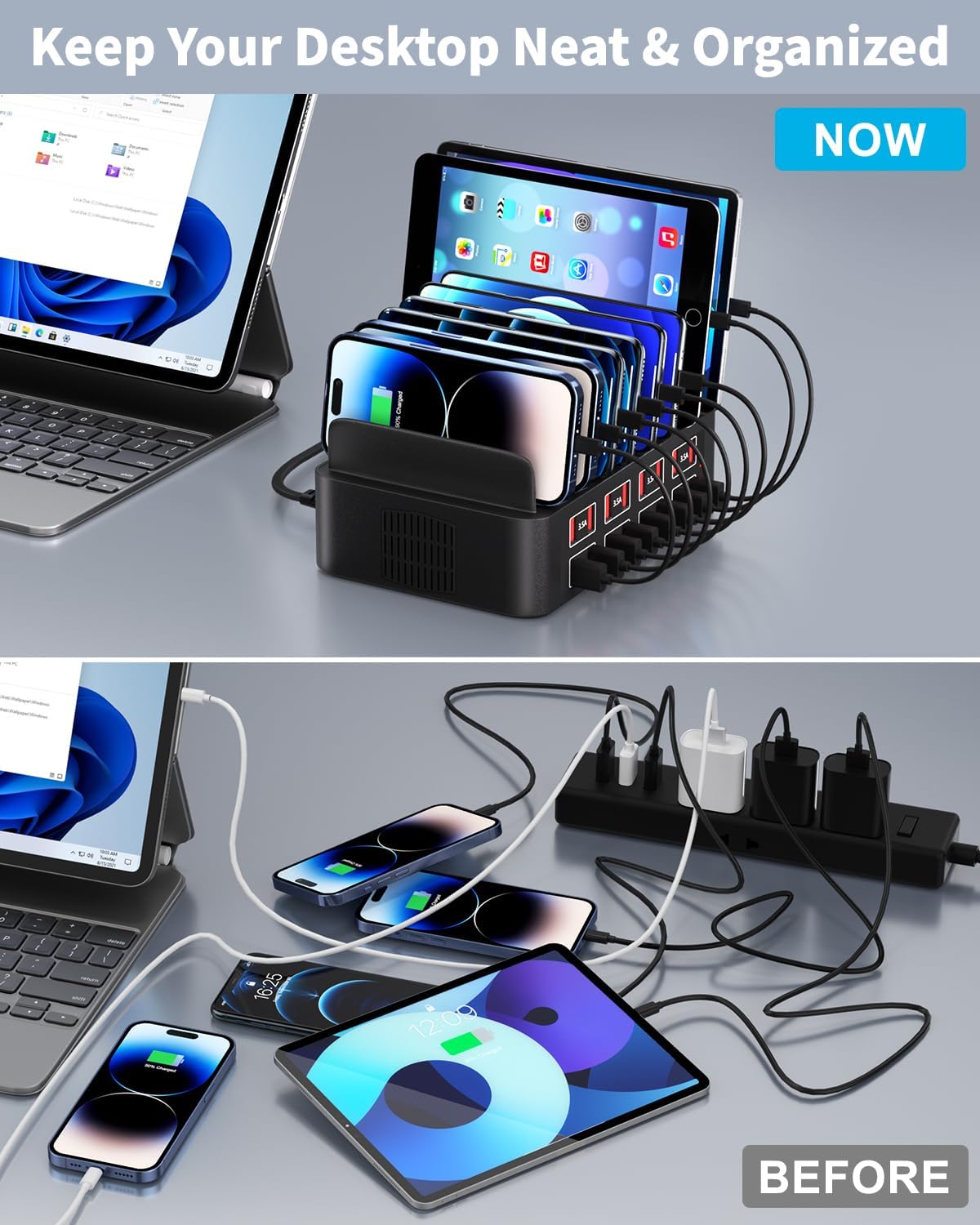 150W Charging Station for Multiple Devices, 16 Port Phone Charger Station, Multi USB Organizer Charger Station for iPhone, Android, iPad, Cell Phone, Tablets